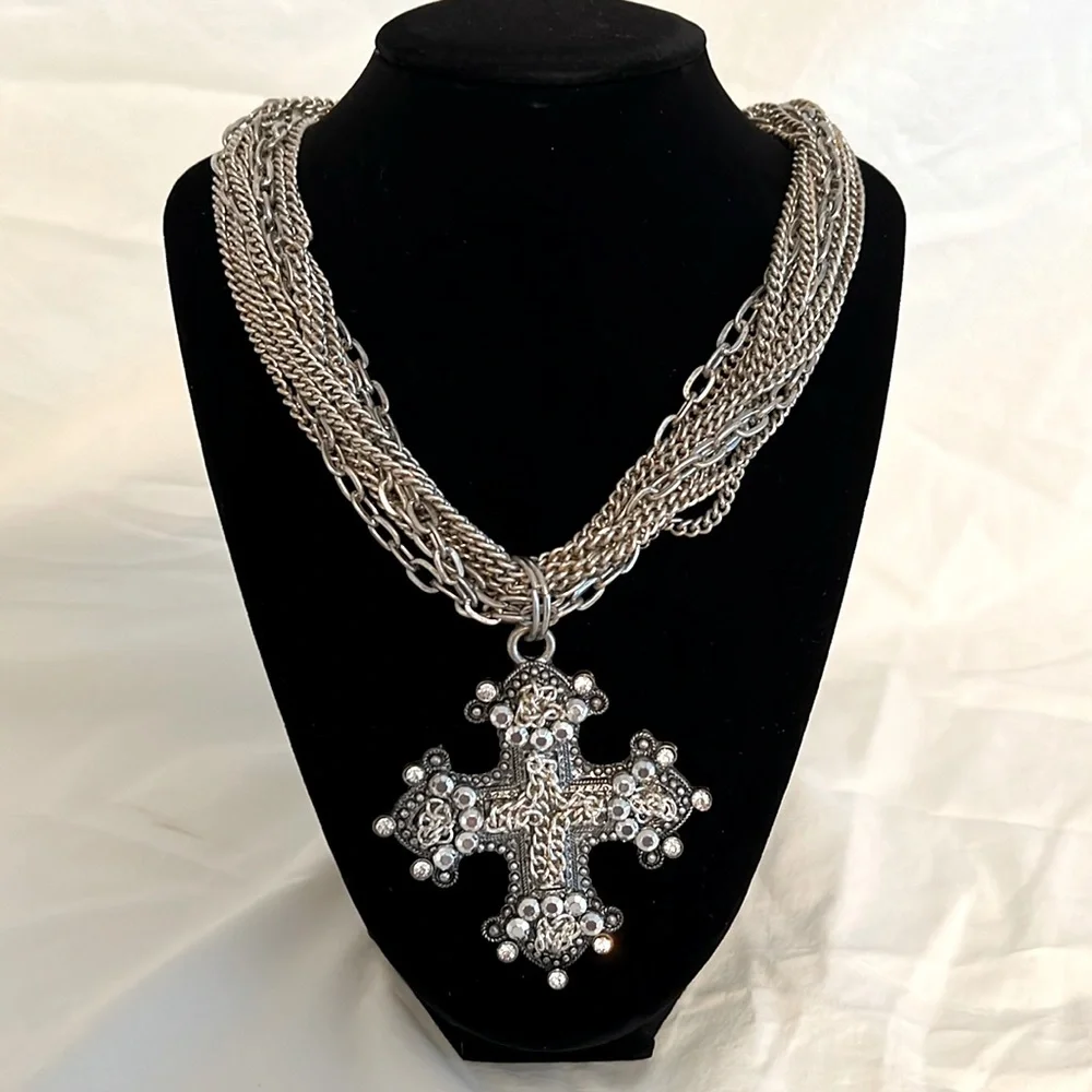 Multichain Silver Cross Rhinestone Necklace - Picture 1 of 5
